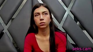 Petite brunette lady in red spreads her legs on cam - porn video