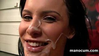 Hot brunette feet fucking and tugging cock for a mouth full of jizz - porn video