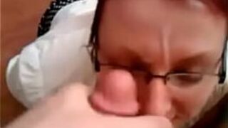 Slutty fat nerd gets huge facial load - porn video